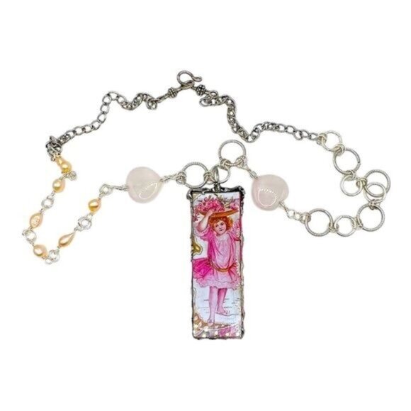 Handmade Vint Valentines Day Pendant Necklace w/ Pink Quartz & Freshwater Pearls - Picture 2 of 14